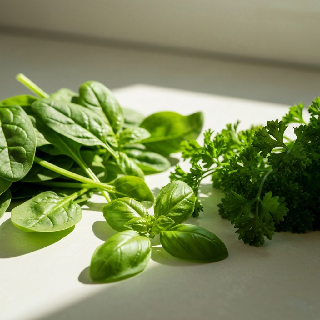 Fresh green herbs and vegetables