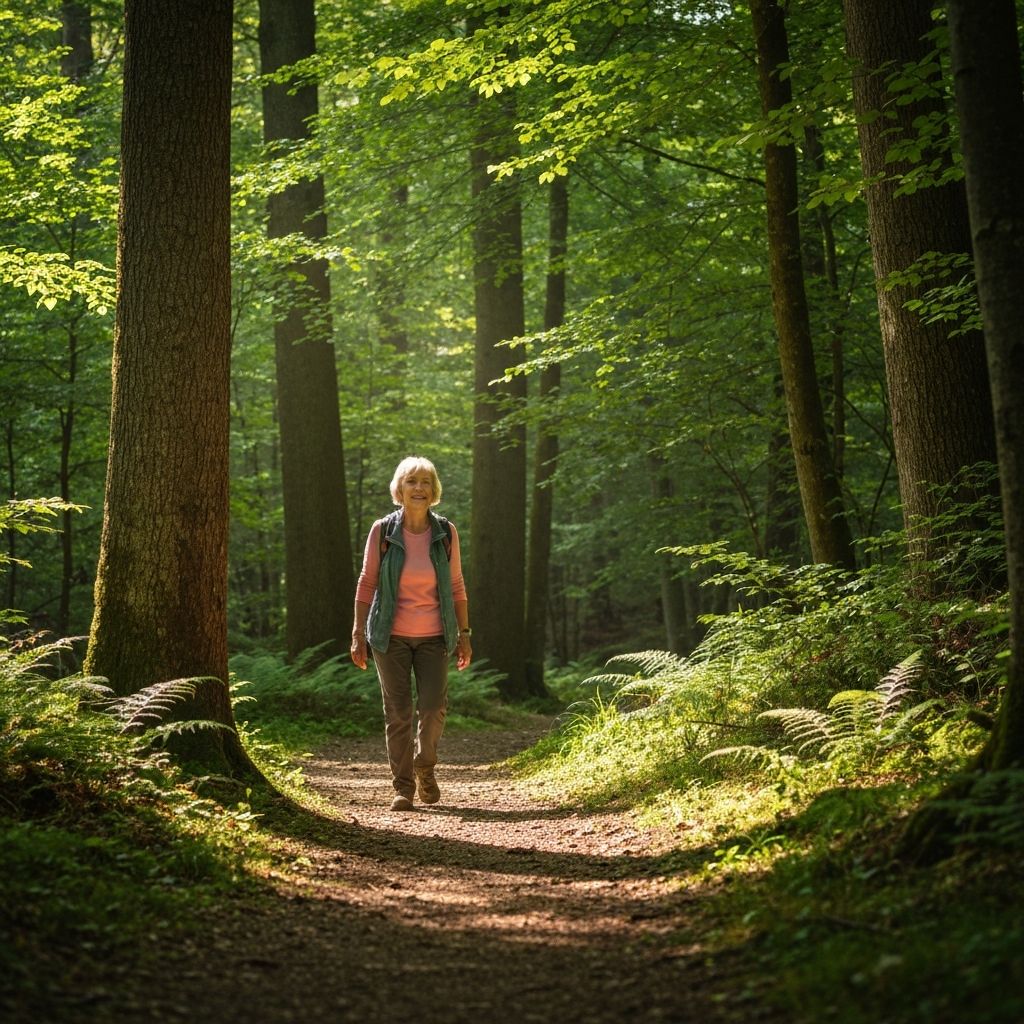 Woman walking through forest path
